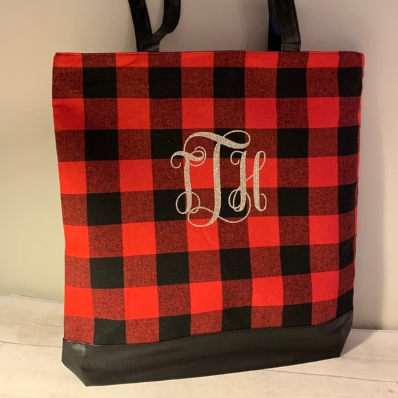 Monogram red and black check tote or purse & pouch - Picture 9 of 14